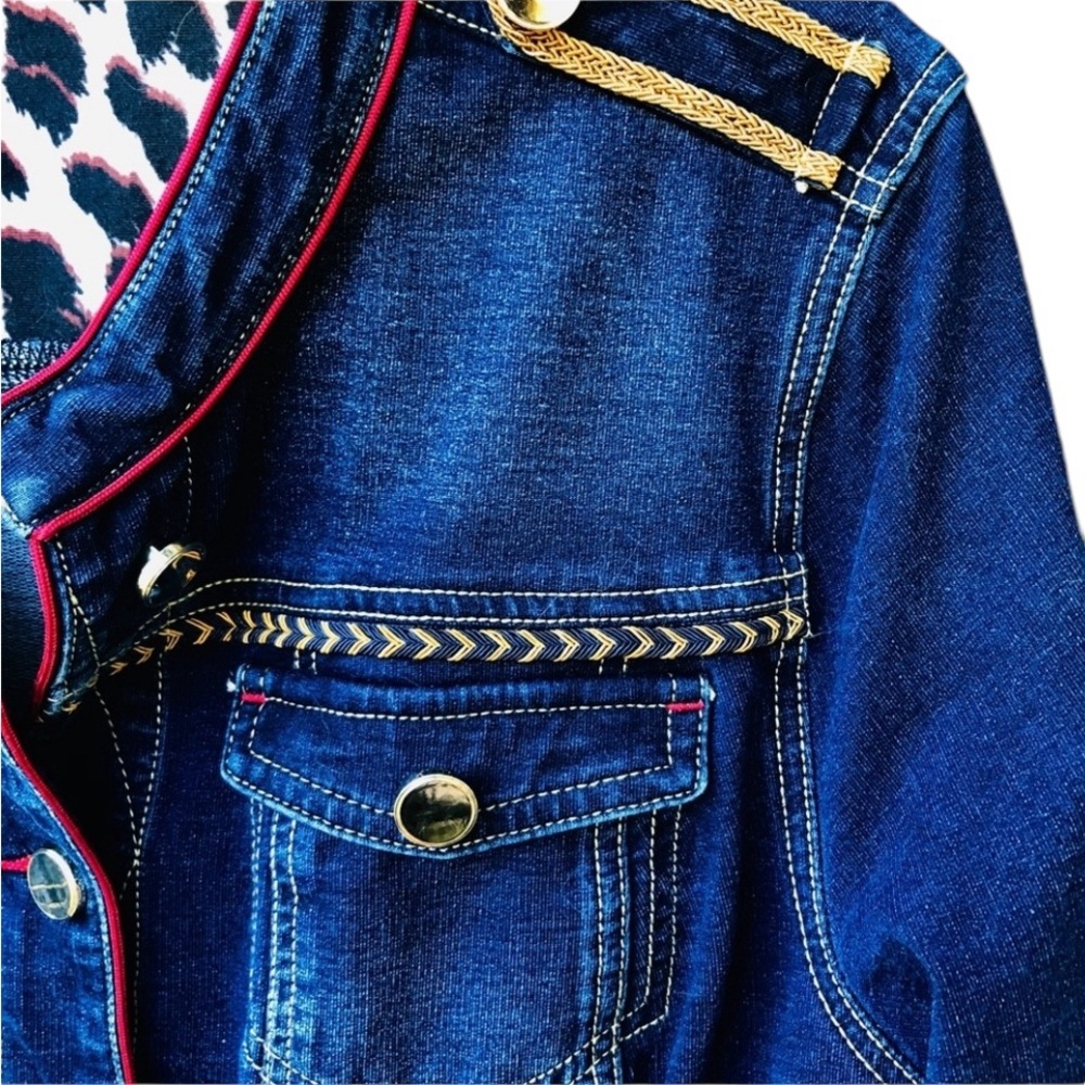Chico’s size 10-12 denim military jacket stretch gold detail oversized - Picture 11 of 14